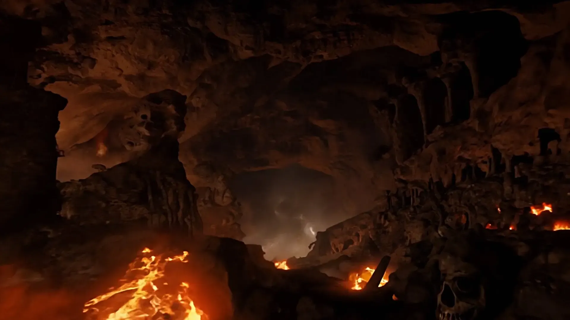 Mystical Cave with Fire and Skulls Background for Title Animation